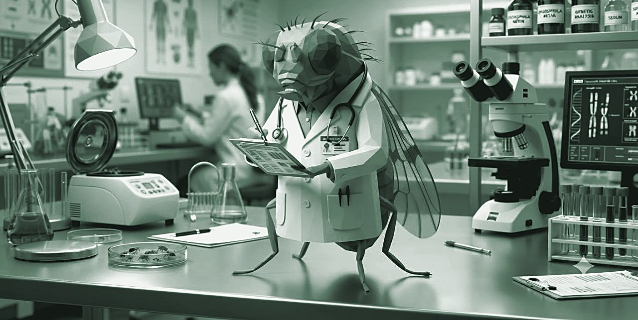 A fruit fly in a lab coat and stethoscope, reading a chart at a laboratory bench